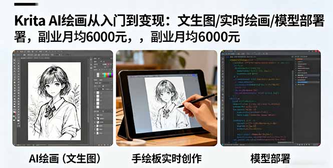 Krita AI绘画从入门到变现：文生图/实时绘画/模型部署，副业月均6000元直击课堂-直击课堂博客|网赚教程_各大网赚论坛VIP教程直击课堂博客