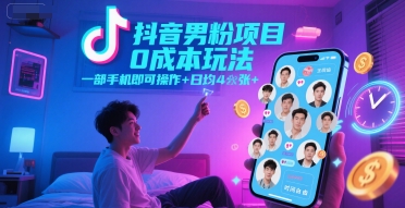 抖音男粉项目0成本玩法，一部手机即可操作，日均4张+，时间自由直击课堂-直击课堂博客|网赚教程_各大网赚论坛VIP教程直击课堂博客