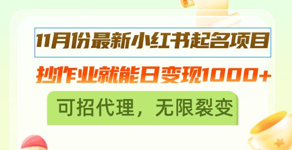 11月份最新小红书起名项目，抄作业就能日变现1000+，可招代理，无限裂变直击课堂-直击课堂博客|网赚教程_各大网赚论坛VIP教程直击课堂博客