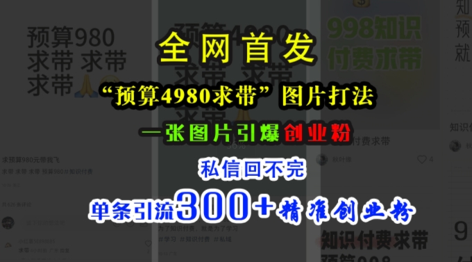 小红书“预算4980带我飞”图片打法，一张图片引爆创业粉，私信回不完，单条引流300+精准创业粉直击课堂-直击课堂博客|网赚教程_各大网赚论坛VIP教程直击课堂博客